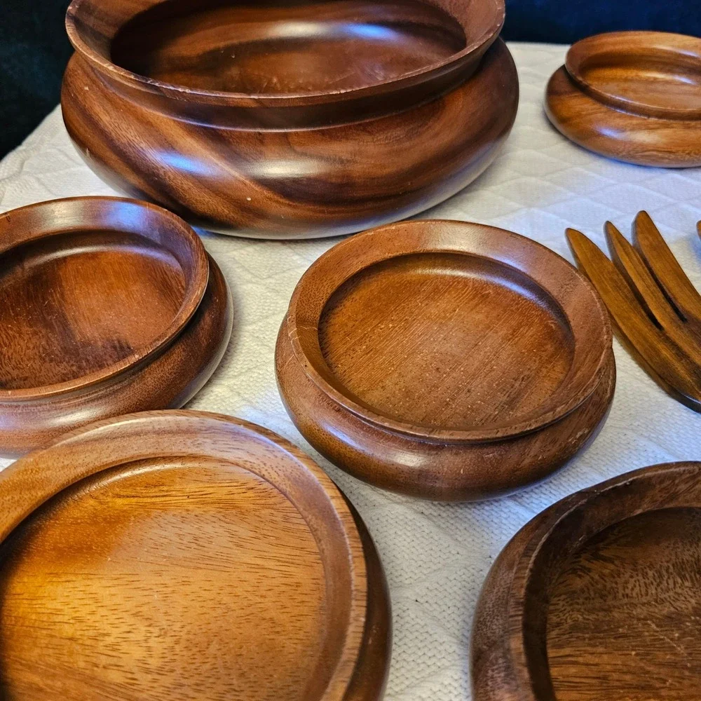 Vintage MCM Monkeypod Wood Salad Bowl Set 10 Piece Set Hawaiian Hand Carved